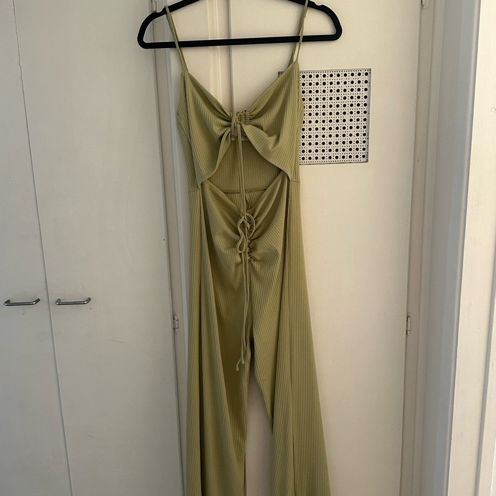 Olive Green Ribbed Tie-Front Wide-Leg Jumpsuit